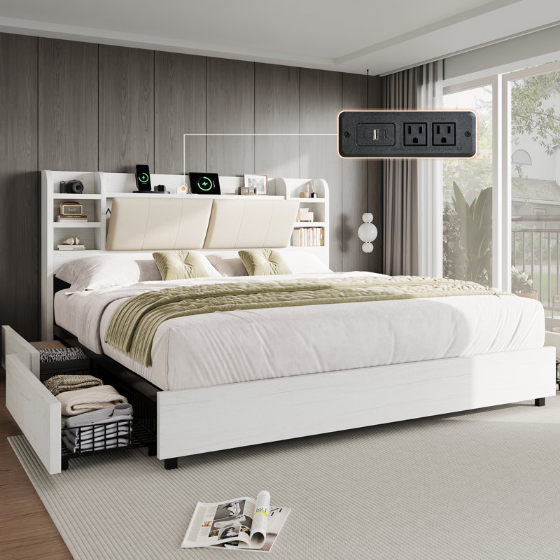 Billericay Upholstered Bed Frame With 4 Storage Drawers, Wooden Bed Frame With 47.2" Bookcase Headboard, Platform Bed With Charging Station/no Box Spring Needed,King