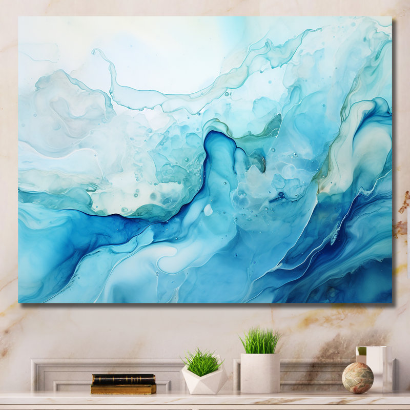 Encre liquide océan bleu et blanc II - formes abstraites, impressions d'art mural, Toile tendue, H 12 po x l 20 po x P 1 po