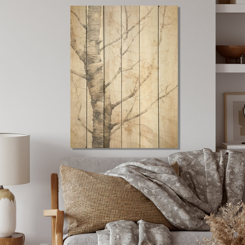 Minimalisme, arbre sycomore beige solitude - arbre sycomore, art mural sur bois de pin naturel, H 40 po x l 30 po