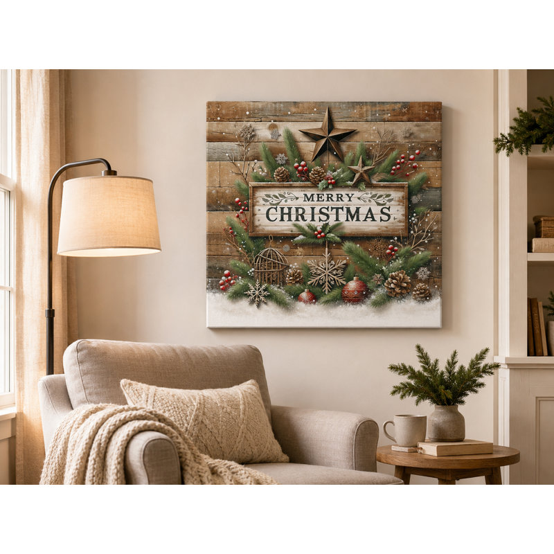 «Rustic Woodland Merry Christmas Wreath», reproduction sur toile tendue, H 30 po x l 30 po x P 1,5 po