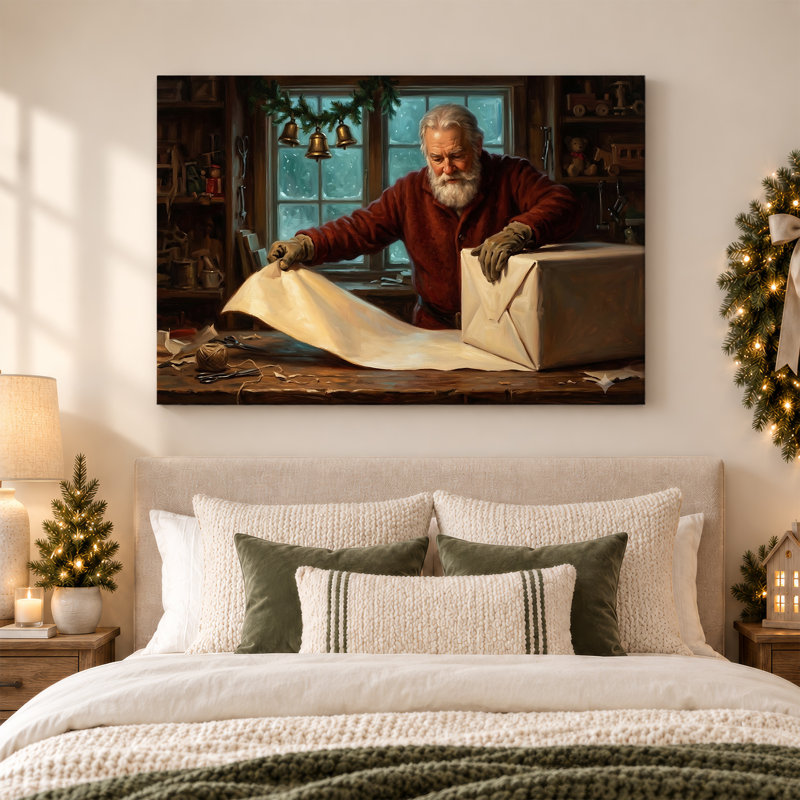 «Santa Claus Wrapping Gift in Rustic Workshop Christmas», art mural sur toile, H 12 po x l 18 po