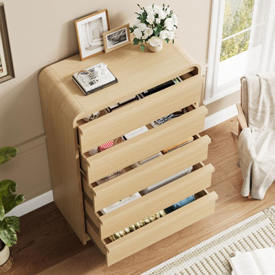 Arched 5-Drawer Dresser, 45" Tall Wooden Chest with Curved Profile, Modern Closet Storage Organizer for Living Room, Entryway or Nursery - Natural Oak