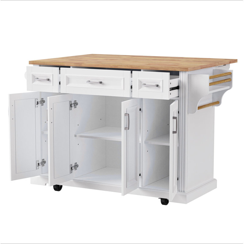 Grand îlot de cuisine de 54 pouces avec abattant en bois d'hévéa, chariot de cuisine à roulettes en relief sur 4 roues avec 4 portes et 3 tiroirs, îlot de cuisine avec rangement pour la cuisine, la salle à manger