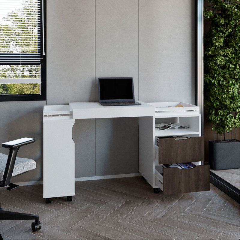 Extendable Desk, 2 Drawers, 4 Shelves, 4 Wheels