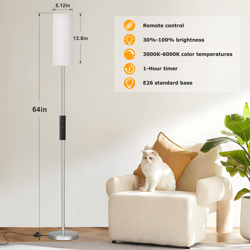 64" Modern Floor Lamp With Remote Control And Stepless Dimmable Colors Temperature & Brightness, Beige, Silver