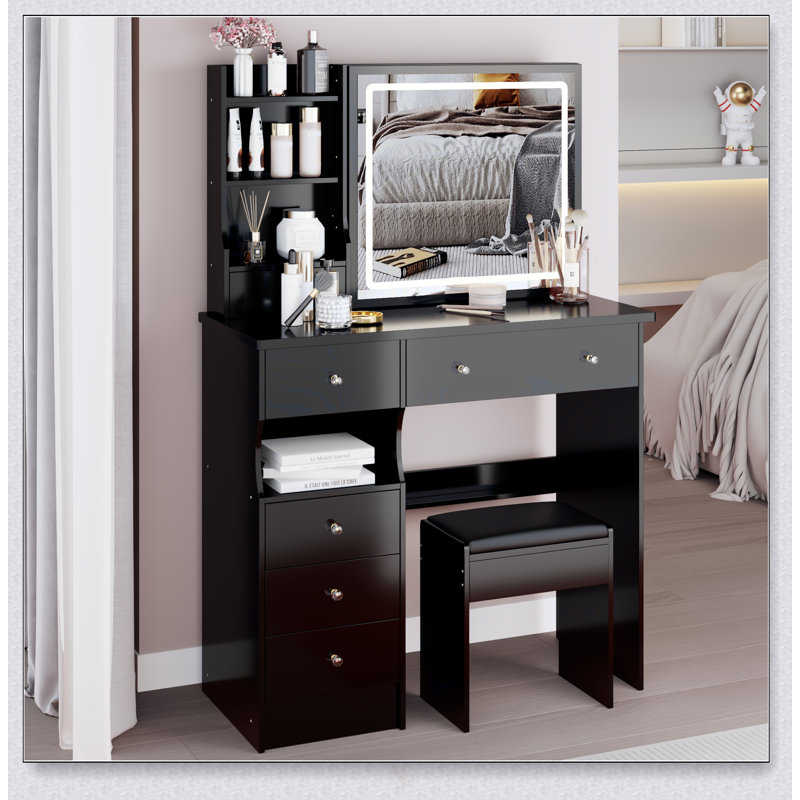 Table de coiffeuse de 37 pouces avec miroir à DEL tactile, rangement grande capacité et tabouret rembourré pour les grands espaces