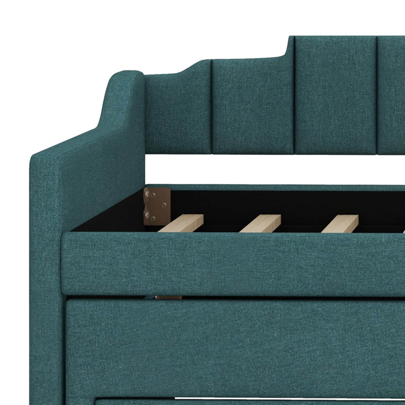 Solid Wood Twin Size Daybed With Trundle And 3 Drawers, Linen Upholstered Daybed Frame With Backrest And Armrest, Green