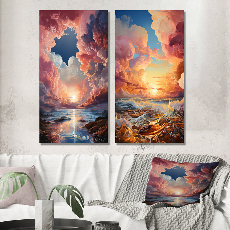 Nuage coucher de soleil à l'encre liquide, ensemble de 2 art mural, H 28 po x l 25 po, Toile tendue