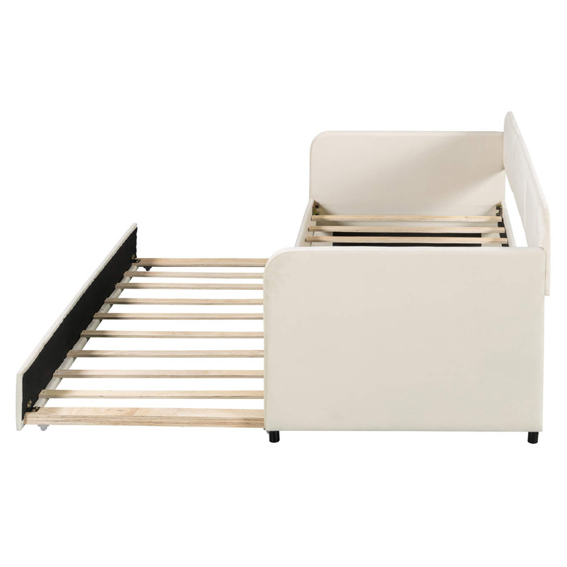 Canapé-lit double rembourré avec couchette coulissante et support à lattes de bois, Beige