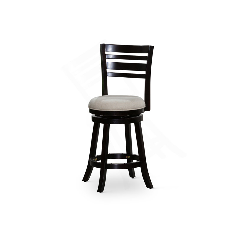 24" Counter Height Slat Back Swivel Stool, Espresso Finish, Beige Fabric Seat, White, Espresso