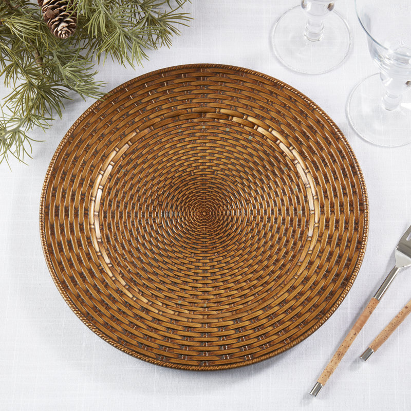 Brown Rustic Woven Look Faux Rattan Charger Plates 13" Round, Set Of 4 