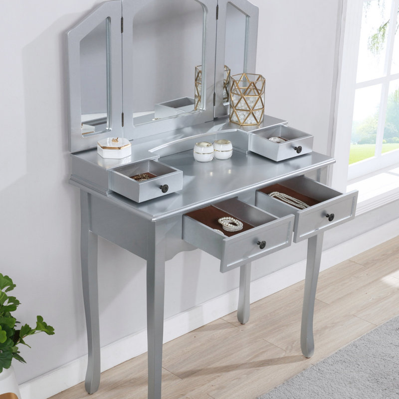 Vanity Make Up Table And Stool Set, Bedroom Vanity, Silver