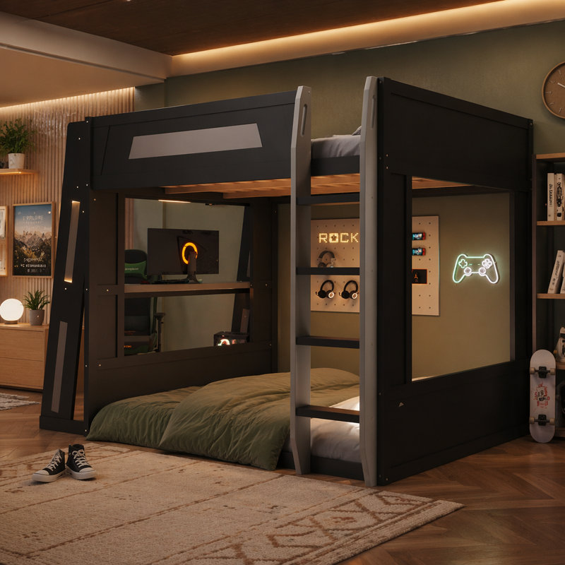 Grand lit superposé en bois avec bureau, deux tablettes de rangement, USB et lumière DEL, noir et gris