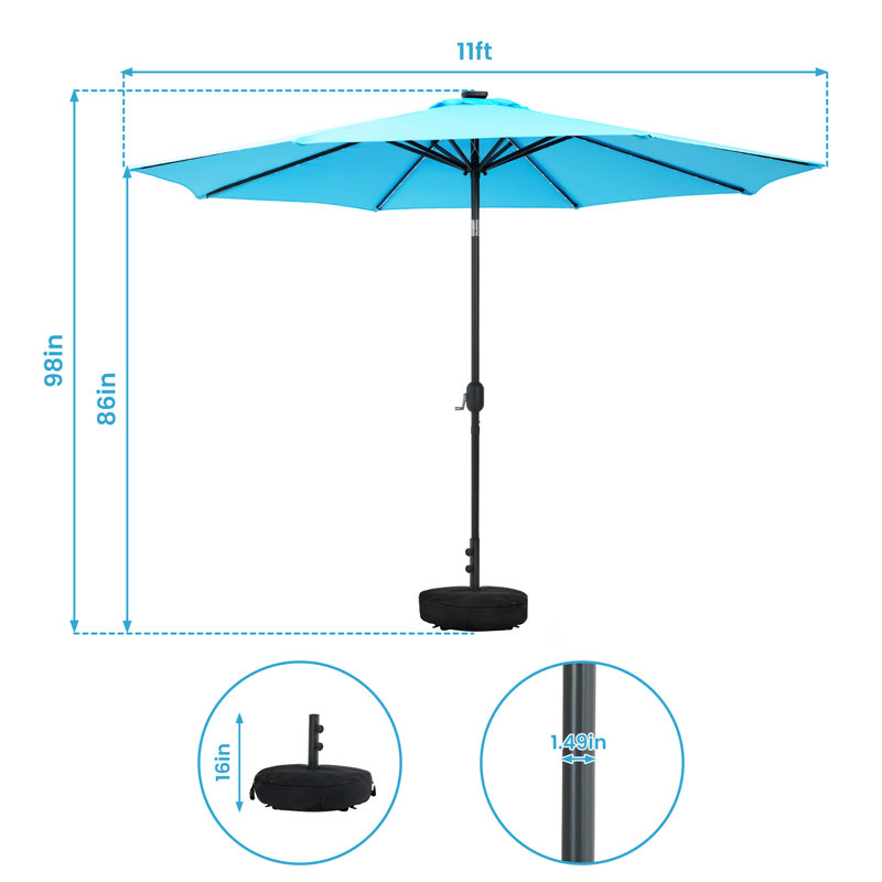 Parasol de patio avec base, Bleu, H 98 po x l 132 po x P 132 po