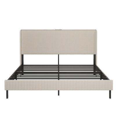 Structure de lit plateforme en métal avec tête de lit et station de charge USB, aucun sommier requis, assemblage silencieux et facile