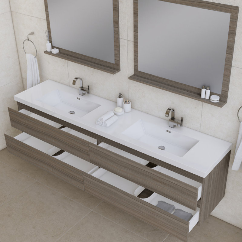 Arjina 84 " W Wall Mounted Wall Mounted 2 Double Vanity Bathroom Vanity With Solid Surface Top, Gray