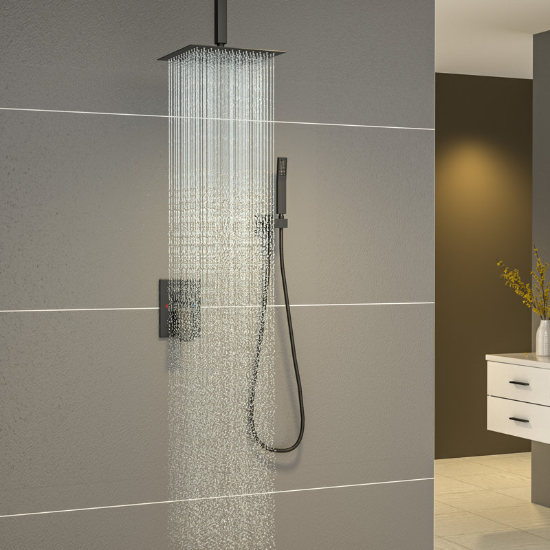 10" Ceiling Mounted Pressure Balancing Dual Shower Head Rain Shower System with Rough-in Valve and Trim Kit, Matte Black