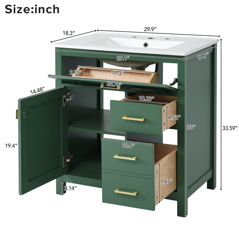 Meuble-lavabo 30 po avec comptoir en céramique, Vert