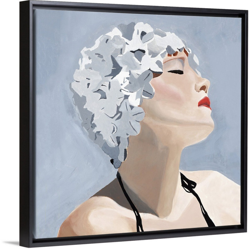 « nage cap ii », peinture sur toile, H 13,7 po x l 13,7 po x p 1,75 po, Cadre flottant noir