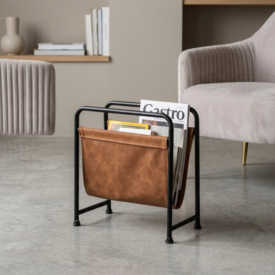 Porte-revues moderne en métal et similicuir - Organisateur minimaliste noir et brun pour décor industriel