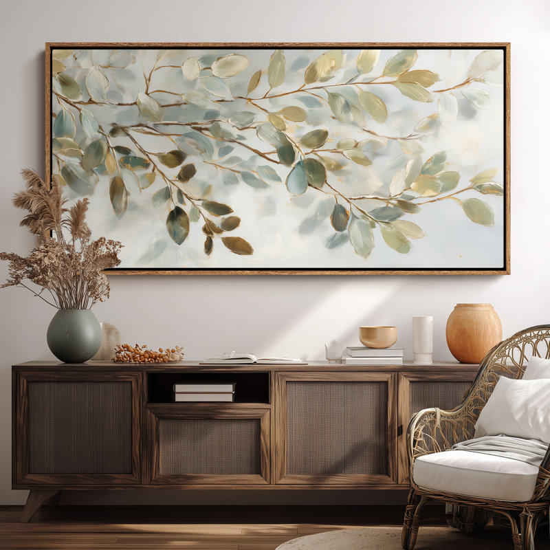 Branches de feuilles vertes et dorées avec lumière douce pour impression murale de salle à manger ou de salon, Naturel