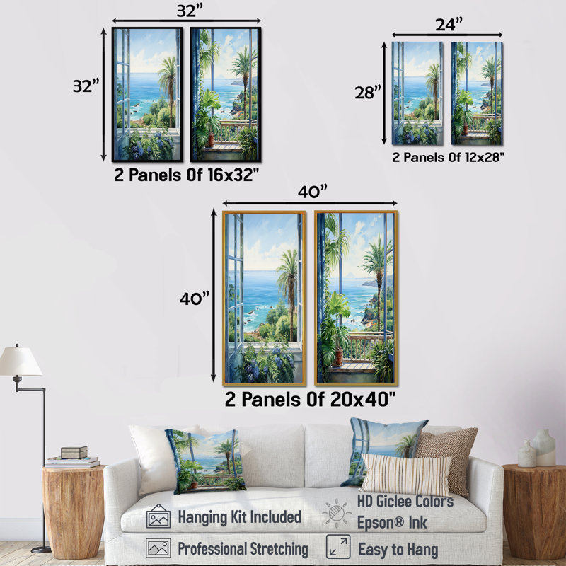 Ensemble de 2 fenêtres tropicales sur la plage I - Coastal Windows Wall Art, Cadre flottant blanc, H 40 po x l 41 po