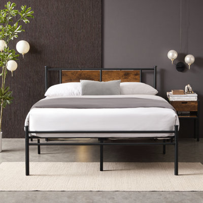 Queen Size Metal Bed Frame with Wood Panel Headboard - Black & Brown, Under Bed Storage, No Box Spring Needed