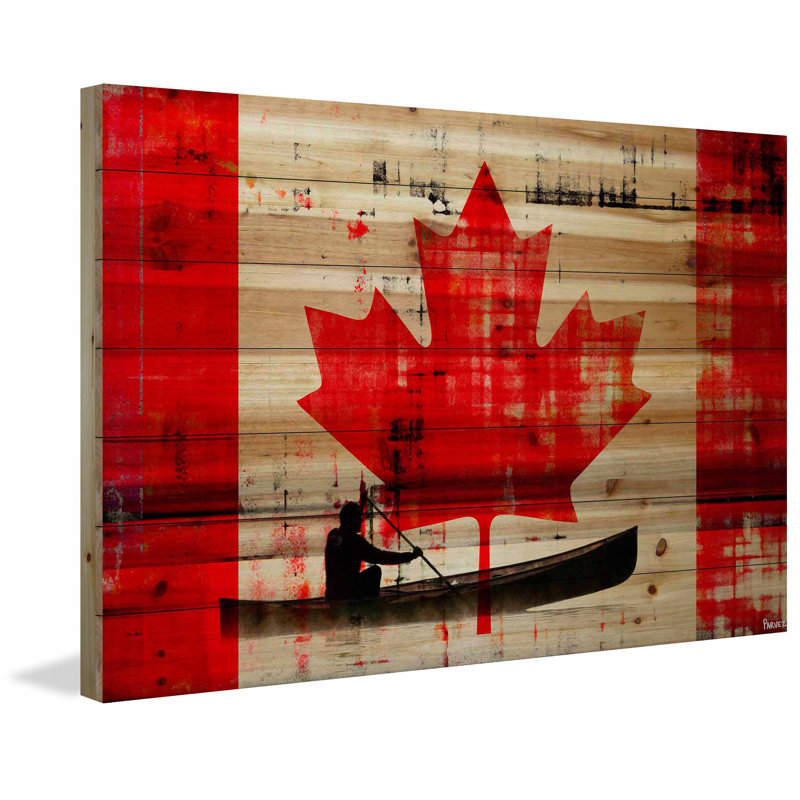 «Red Leaf and Canoe», reproduction d'art sur bois de pin naturel, H 16 po x l 24 po x P 1,5 po