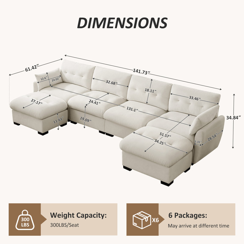 141.73'' Modular Upholstered Sectional Sofa For Living Room, Beige Polyester/Fabric