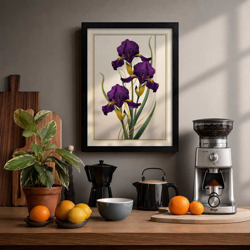 Three Purple Irises Botanical - Framed Print, A4 - 29.7 x 21.0 cm, Black