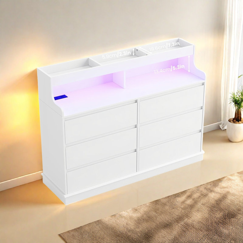 Commode pour chambre à coucher, commode 6 tiroirs avec lumières à DEL et station de charge, Blanc