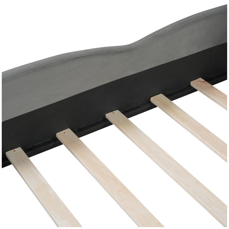 Grand lit plateforme tapissier en forme de tête de lit avec pied de lit arrondi et poche, Gris