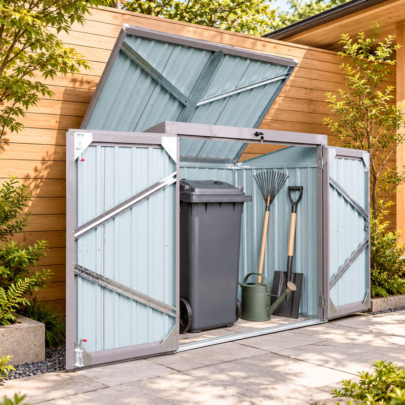 Metal Outdoor Garbage Bin Shed For 2 Trash Cans With Sloped Roof，stainless Galvanized Steel Gray