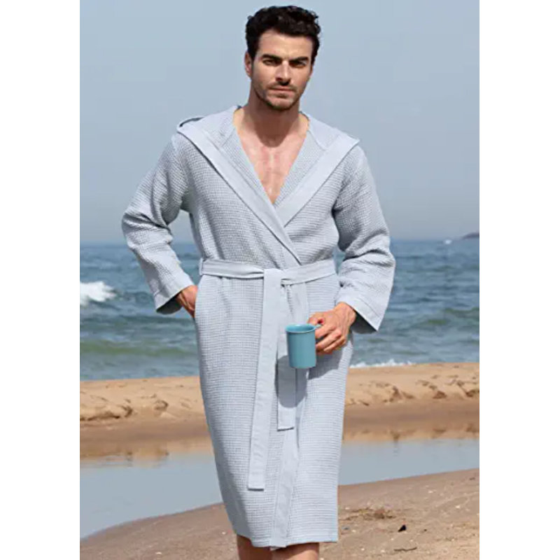 SEYANTE peignoir à capuchon en coton biologique turc 100% certifié GOTS, L, Bleu/Gris