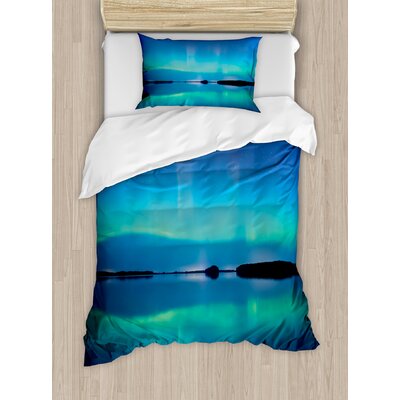 Northern Lights Unusual Sky Scenery Over Calm Serene Lake Color Reflections Landscape Duvet Cover Set -  Ambesonne, nev_29283_twin