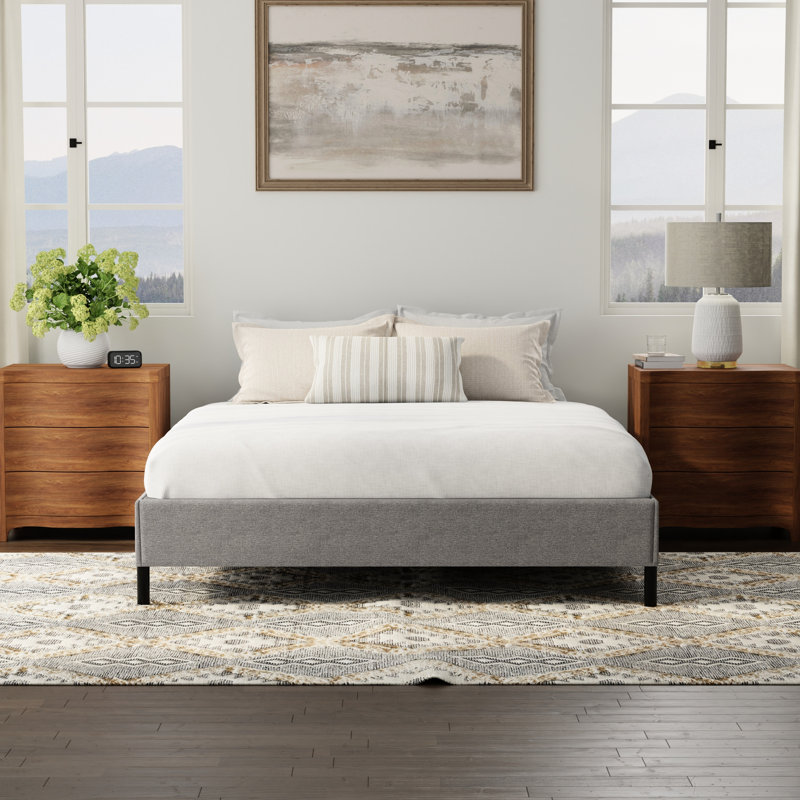 Black And Gray Upholstered Queen Bed Frame Foundation Compatible With Foam Mattresses, No Tools Required, 15 In Height Universal Compatibility For Standard Hardware Needed, 59 Lb Product Weight