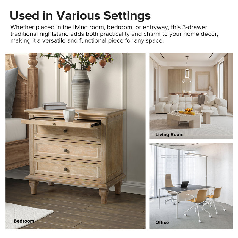 Arthelia Traditional 3-Drawers Nightstand with Built-in Charging Station and Pull-out Shelf