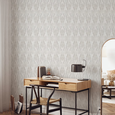 Elegant Ogee Damask Wall Mural – Textured Oriental Cloud Pattern Removable Peel & Stick Wallpaper in Soft Gray for a Serene Accent Wall