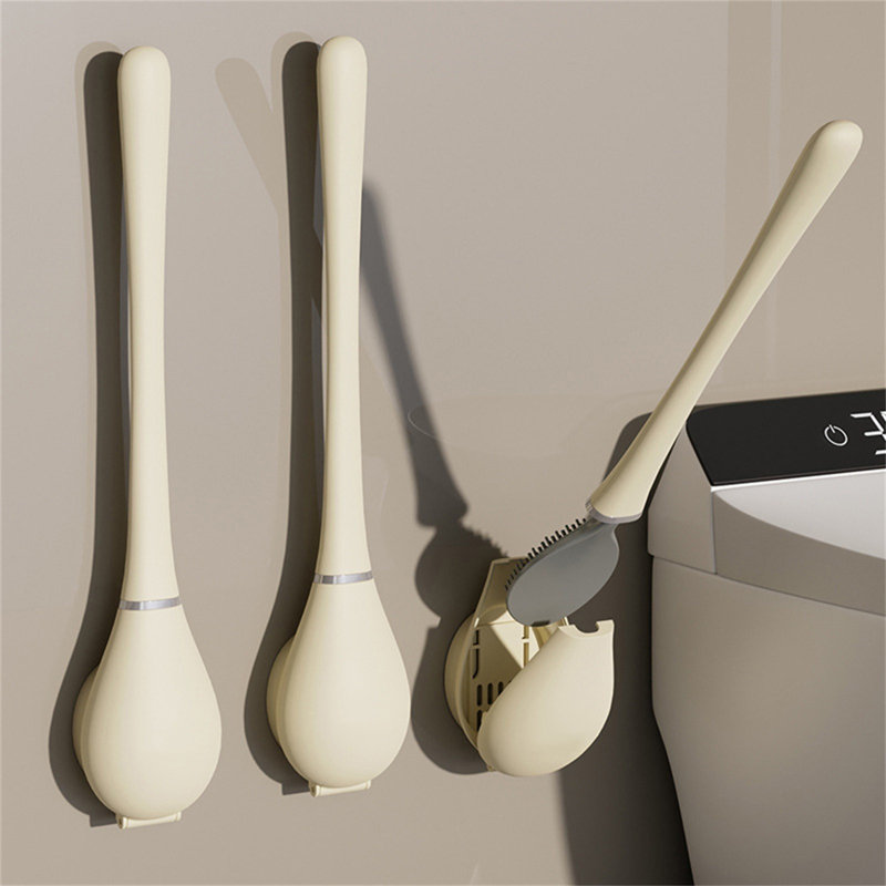 Flexible Flat Head Toilet Brush, Wall Mounting No Drilling With Drying Stand, Beige