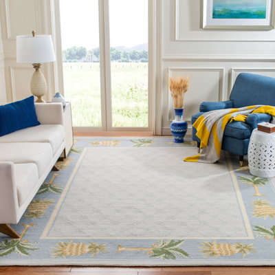 Hogle Geometric Hand Hooked Wool Blue Area Rug
