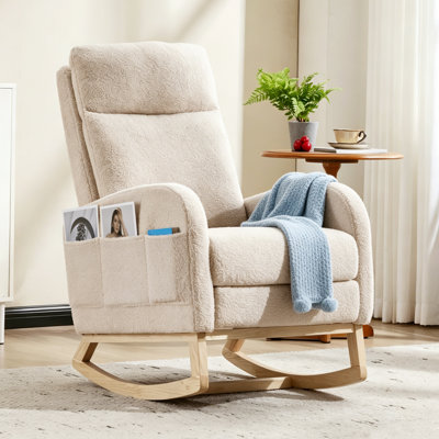 Solid Wood Rocking Chair With High Back & Side Pocket And Footrest, Teddy Upholstered, Nursery Glider For Living Room, Bedroom, Or Nursery by Isabelle & Max