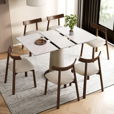 7 Piece Extendable Dining Table Set with Sintered Stone Top and Stainless Steel Base Seats 6 to 8