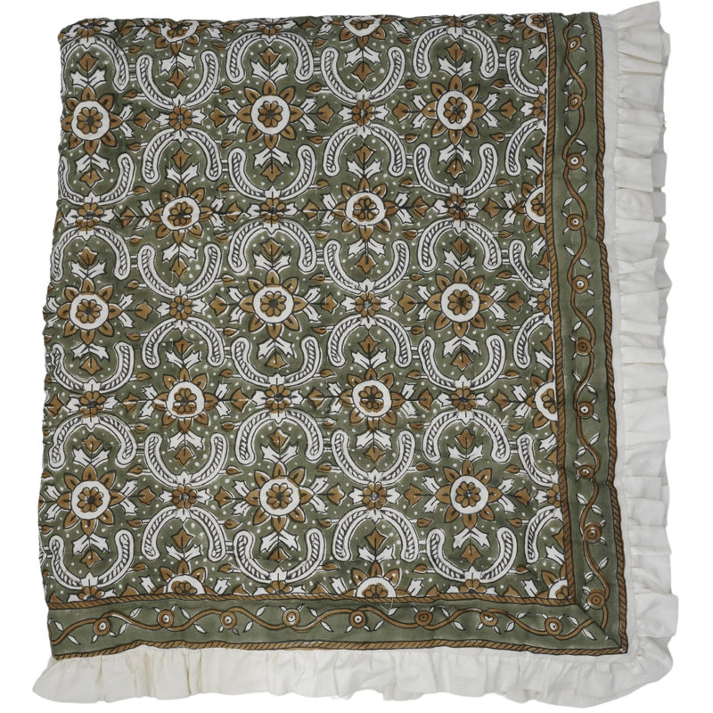 Fabdivine Luxury Block Print Cotton Quilt Floral Boho Bedding for Bedroom & Sofa, King Us, White/Green