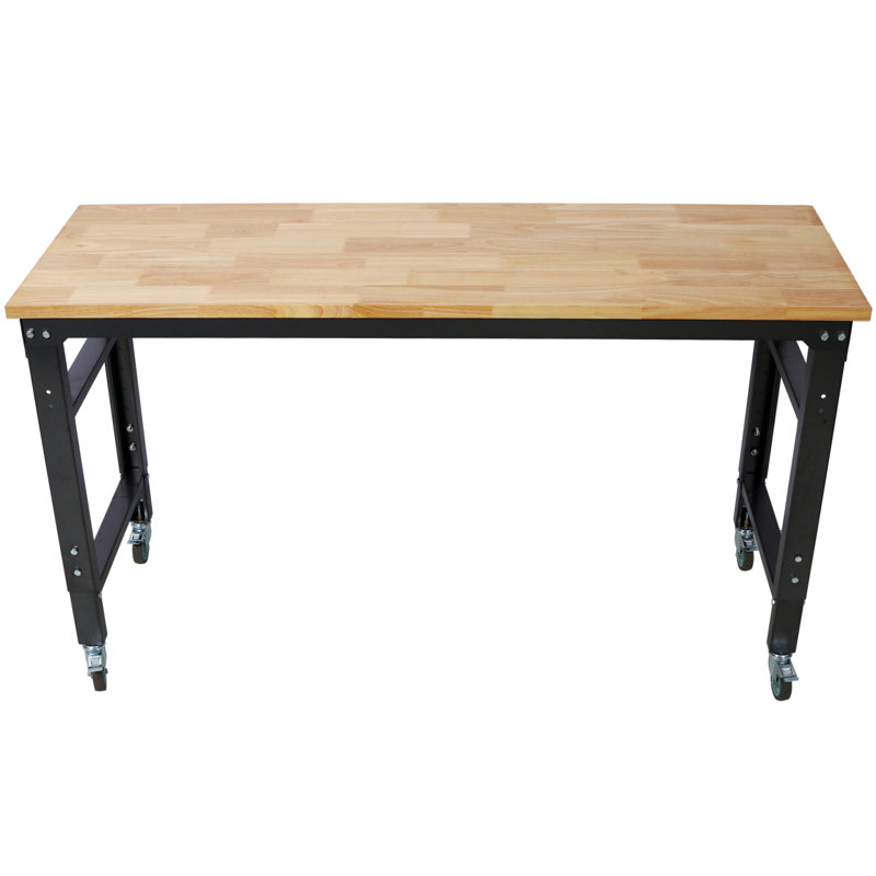 Établis larges à roulettes pour le garage - hauteur réglable, banc à outils d'atelier, plateau en métal avec plateau en bois d'hévéa noir