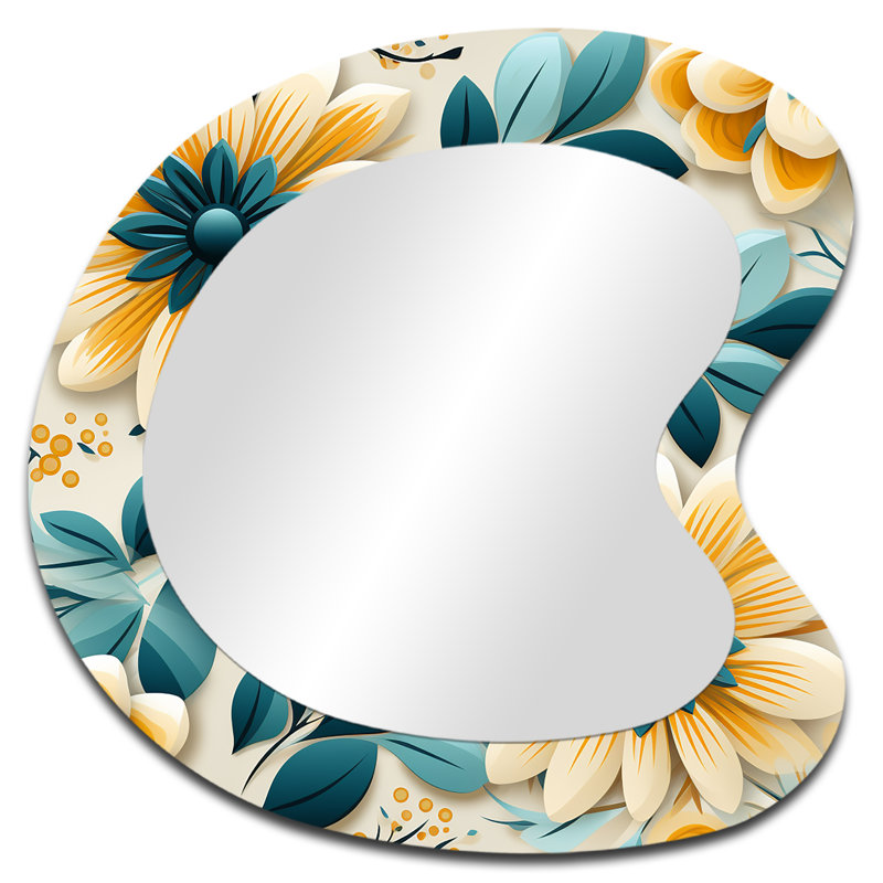 Farradeh Yellow And Blue Tranquil Floral Garden Zen - Botanical Unique Shape Unique Wall Mirror, Boho Asymmetrical Mirror, Printed Metal Art