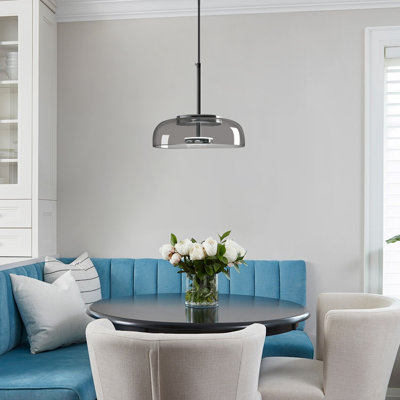 Smoke Gray Glass Pendant Lights Kitchen Island Modern 6000K LED Pendant Light Fixtures Chrome Finish Ceiling Hanging Lights for Bedroom Dining Room