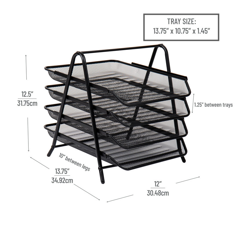 Mind Reader 4-Tier Paper Tray, Desktop Organizer, File Storage, Workspace, Office, Metal Mesh, 12"L x 13.75"W x 12.5"H, Black