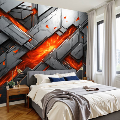 Peel and Stick Wallpaper Futuristic Metallic Panels Flowing Lava Core Abstract Industrial Sci Wall Murals 100"H x 144"W Removable PVC Wall Paper Self-Adhesive Wall Decor for Bedroom Living Room Home Office