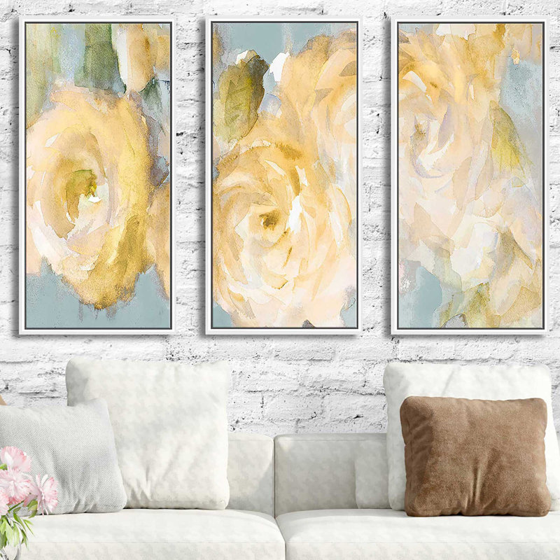 Fleurs jaunes sur fond bleu - peinture sur toile flottante 3 pièces, L 52,5 po x H 33,5 po