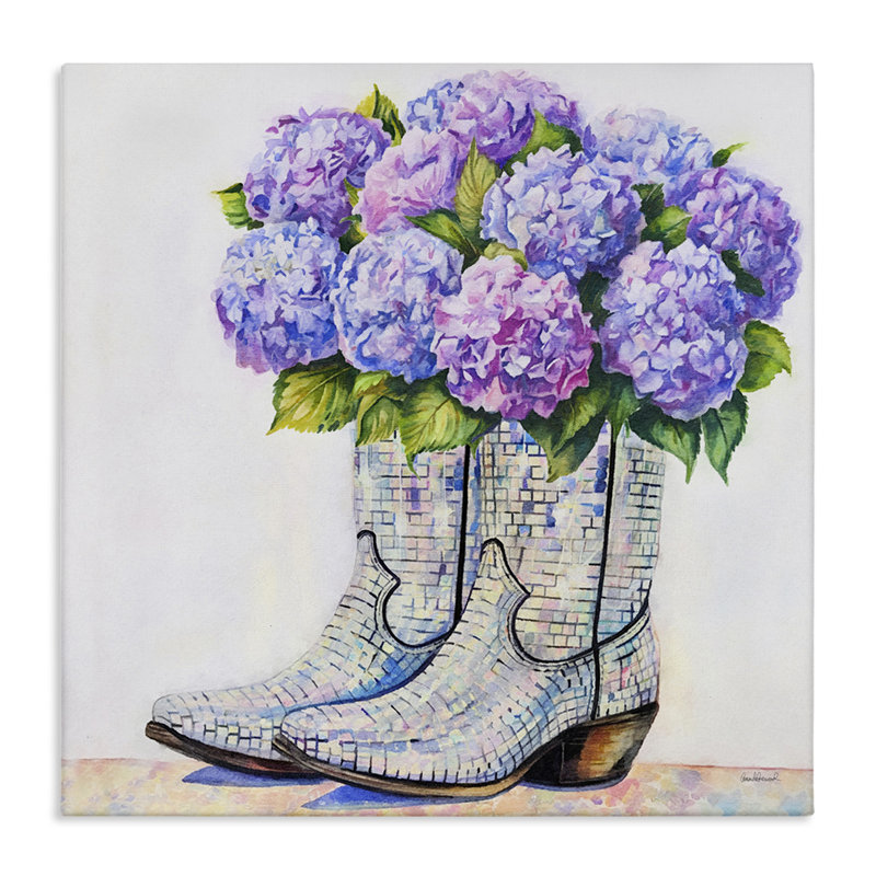 Toile hydrangée remplie de bottes de cow-boy, design par Amanda Greenwood, H 30 po x l 30 po